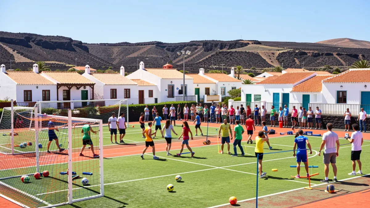 Instalaciones deportivas en Teguise, Lanzarote, con equipamiento variado y arquitectura local.