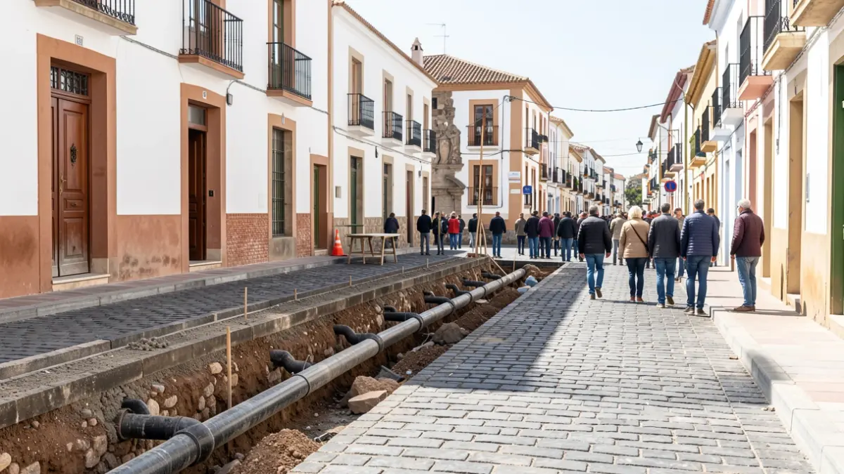 Generic image of construction work on a historic street in Canarias with exposed pipes and traditional architecture.