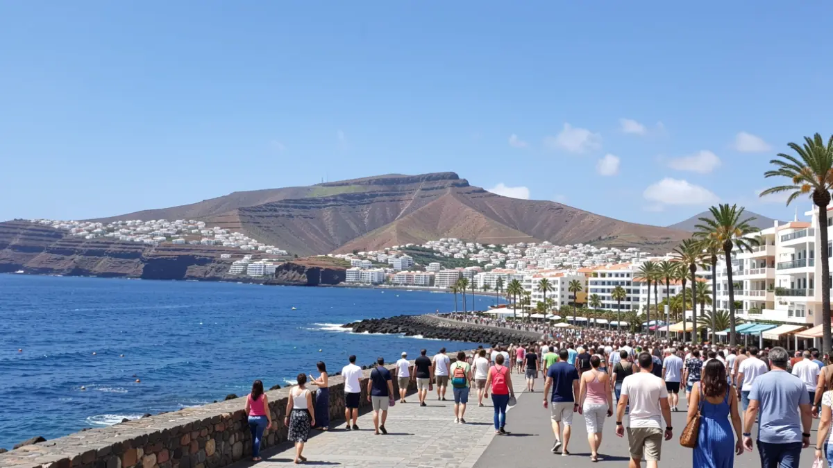 Cielo soleado sobre una localidad costera de Canarias con paisaje volcánico.