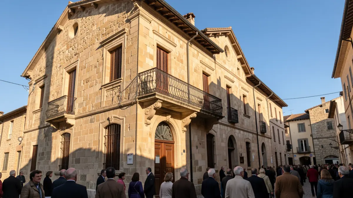 Facade of a traditional Canarian town hall with balcony and iron railings, warm afternoon light.