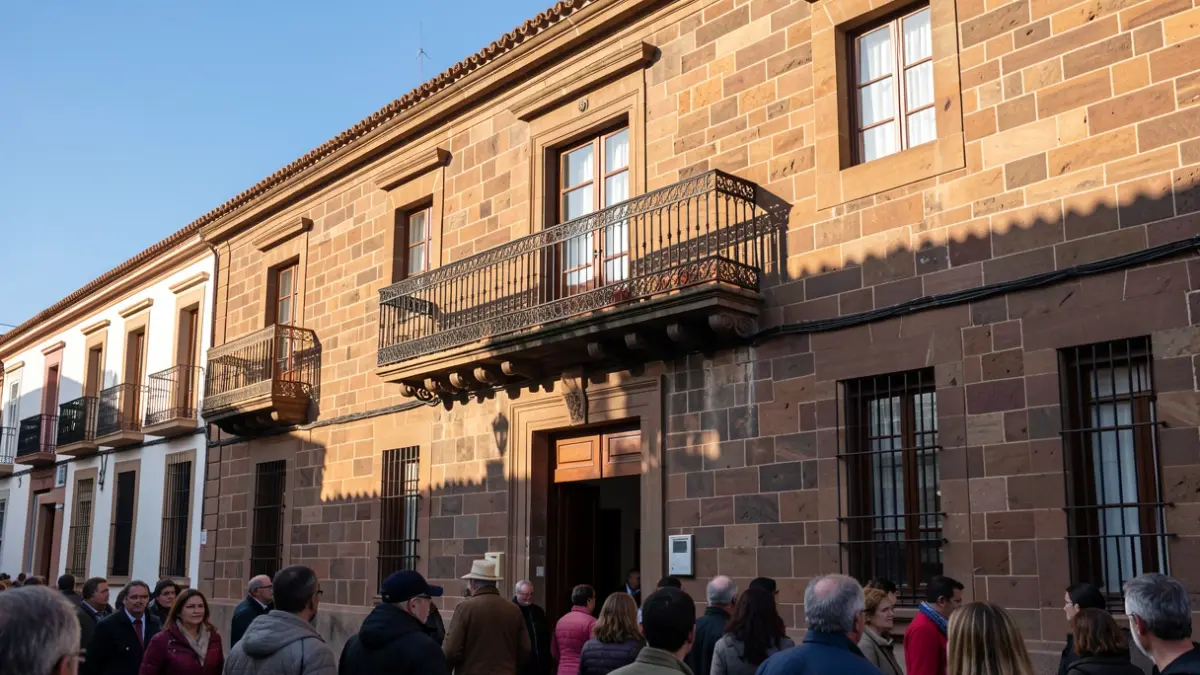 Facade of a traditional Canarian town hall with a balcony and iron railings, warm afternoon light.