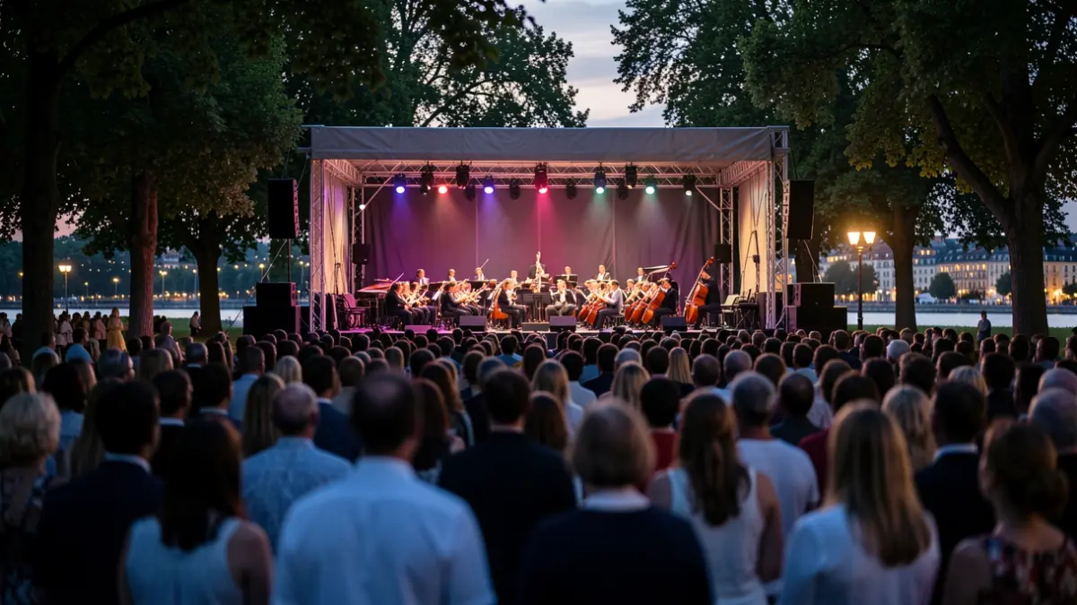 Generic image of an outdoor concert in a park at dusk.