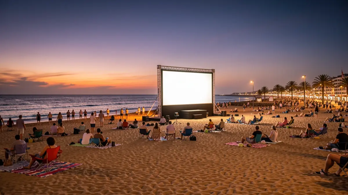 Imagen genérica de una playa con una pantalla de cine de verano instalada.