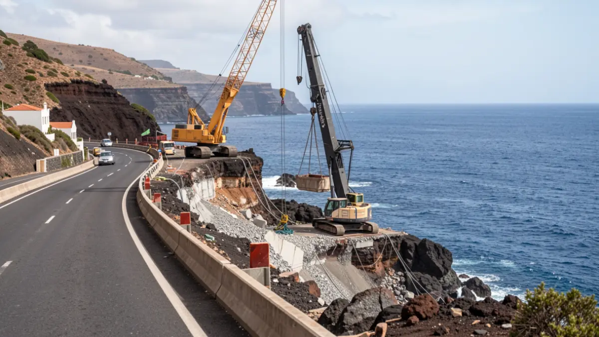 Emergency works on the Avenida de Taliarte in Telde, with heavy machinery working on consolidating the promenade.