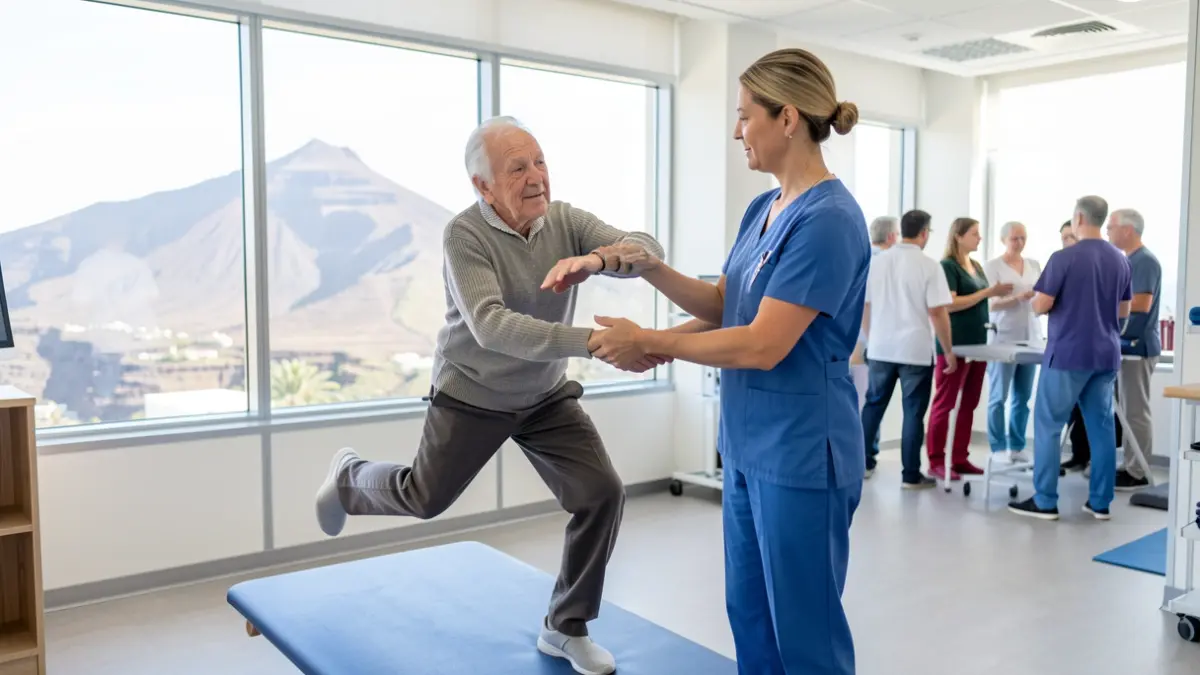 Imagen de una persona mayor realizando ejercicios de equilibrio con un fisioterapeuta en un centro de salud.