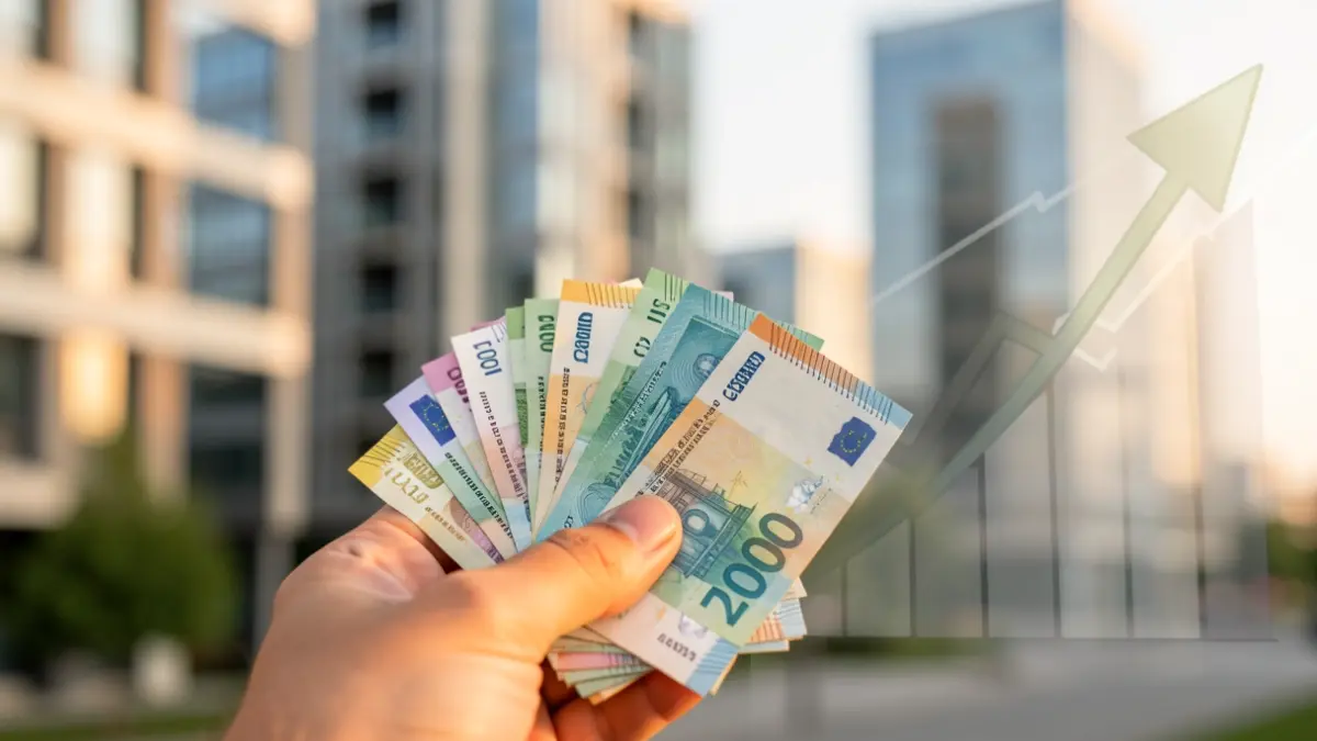 Generic image of Canarias banknotes and an upward economic chart.
