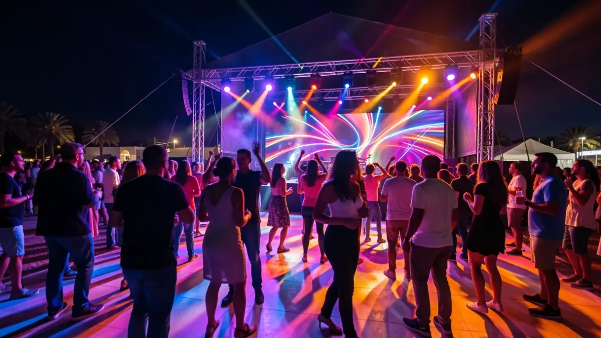 Outdoor dance floor at a music festival at night, illuminated by colorful lights with silhouettes of people dancing.