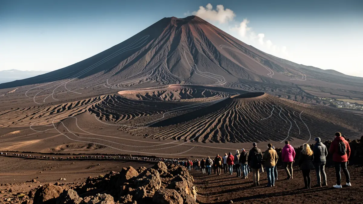 Paisaje volcánico de Tenerife con el Teide al fondo y sutiles patrones de ondas sísmicas en la tierra.