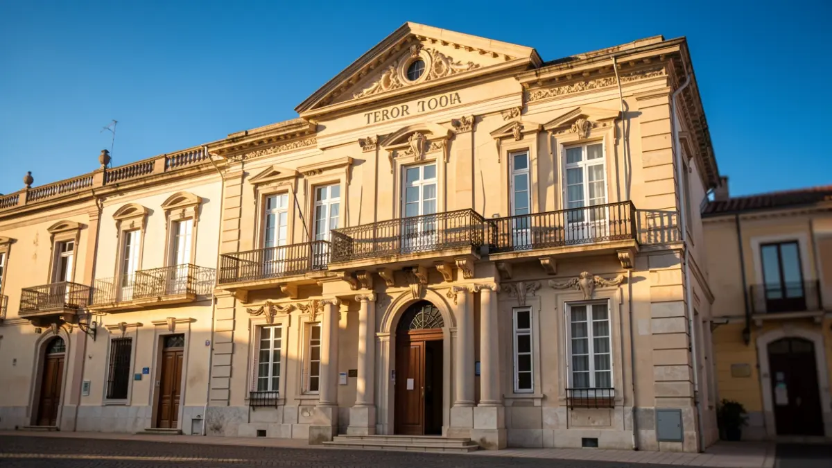 Fachada del Ayuntamiento de Teror con balcones ornamentados bajo la luz del sol de la tarde.
