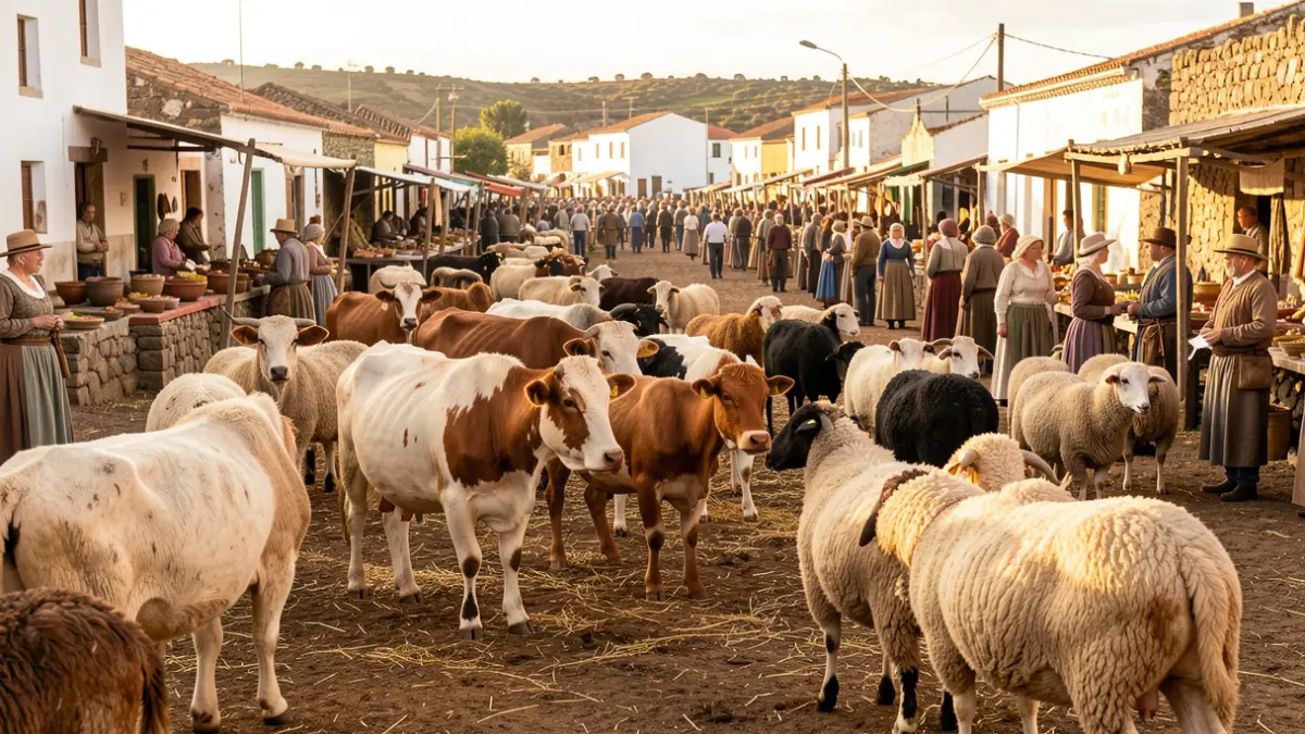 Imagen de una feria de ganado tradicional en Teror, Gran Canaria, con animales y actividades rurales.