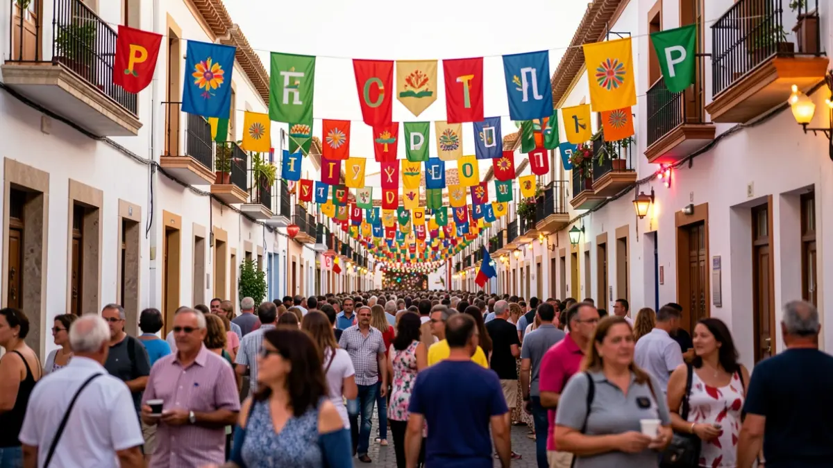Imagen genérica de las fiestas del Pino en Teror, con ambiente festivo y arquitectura tradicional.