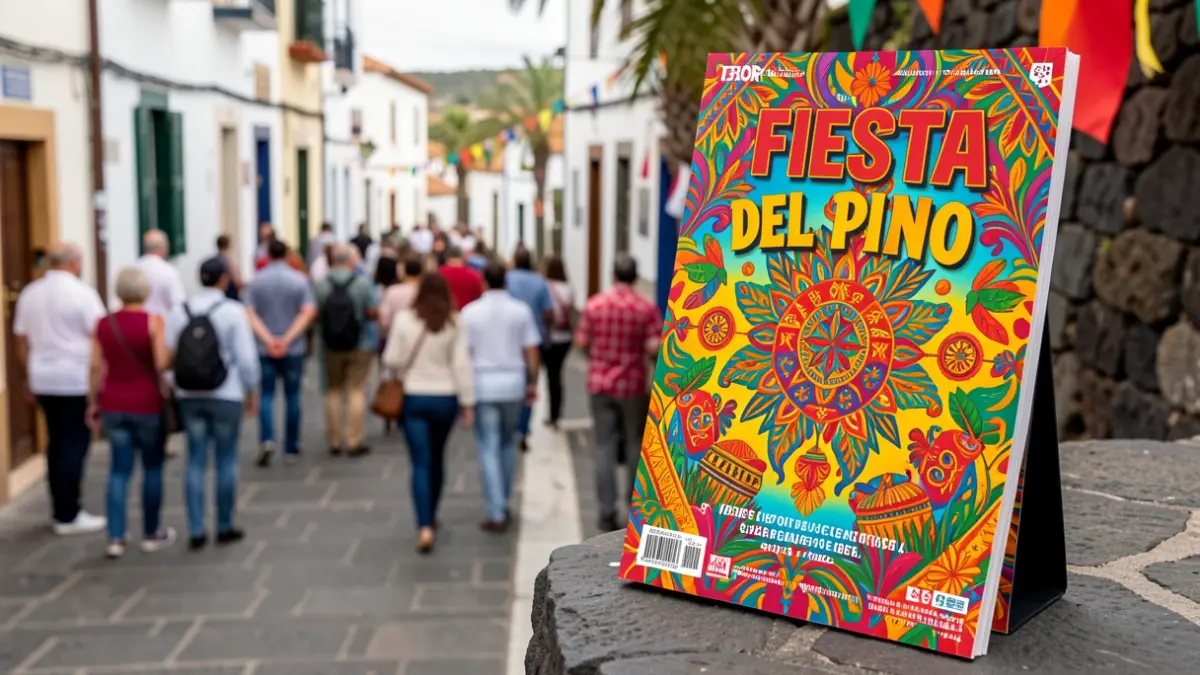 Portada de la revista de la Fiesta del Pino de Teror, con motivos festivos y tradicionales canarios.