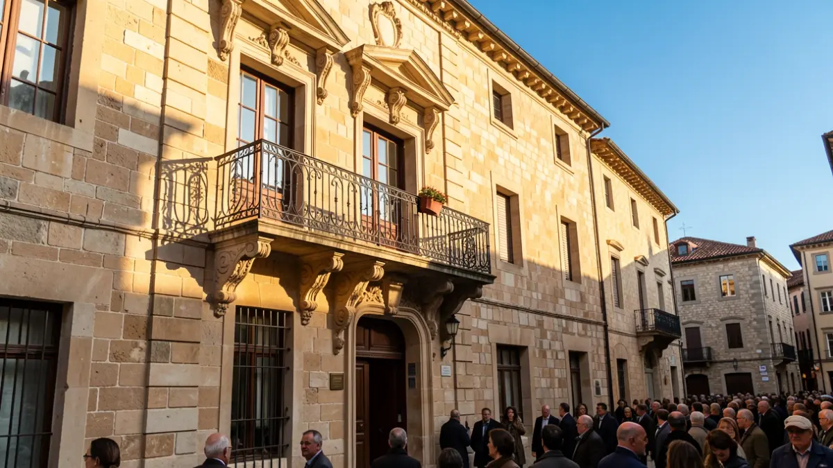 Fachada de un ayuntamiento tradicional de piedra con balcón ornamentado y barandillas de hierro, luz cálida de la tarde proyectando sombras sobre las paredes de arenisca, cielo azul.
