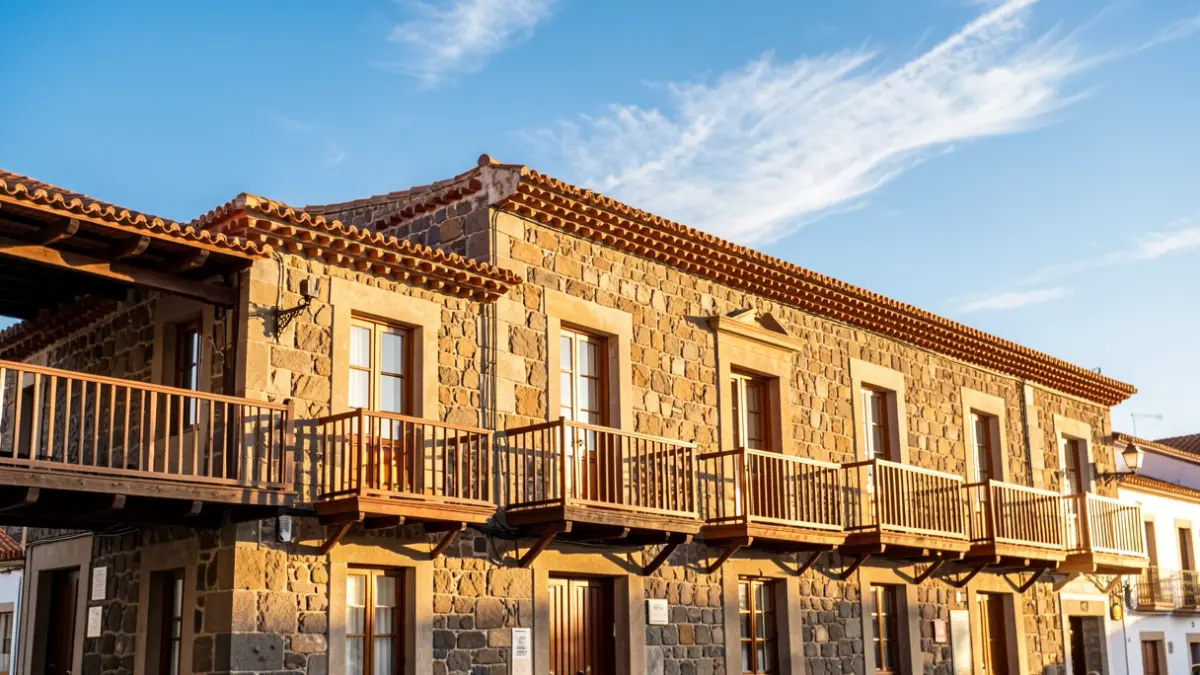Facade of a traditional Canarian town hall with wooden balconies in the afternoon sun.