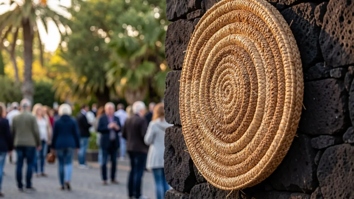 Detail of a traditional Canarian 'roseta comunitaria' craftwork, made of woven fibers, installed on a volcanic stone wall at a park entrance in Tinajo.