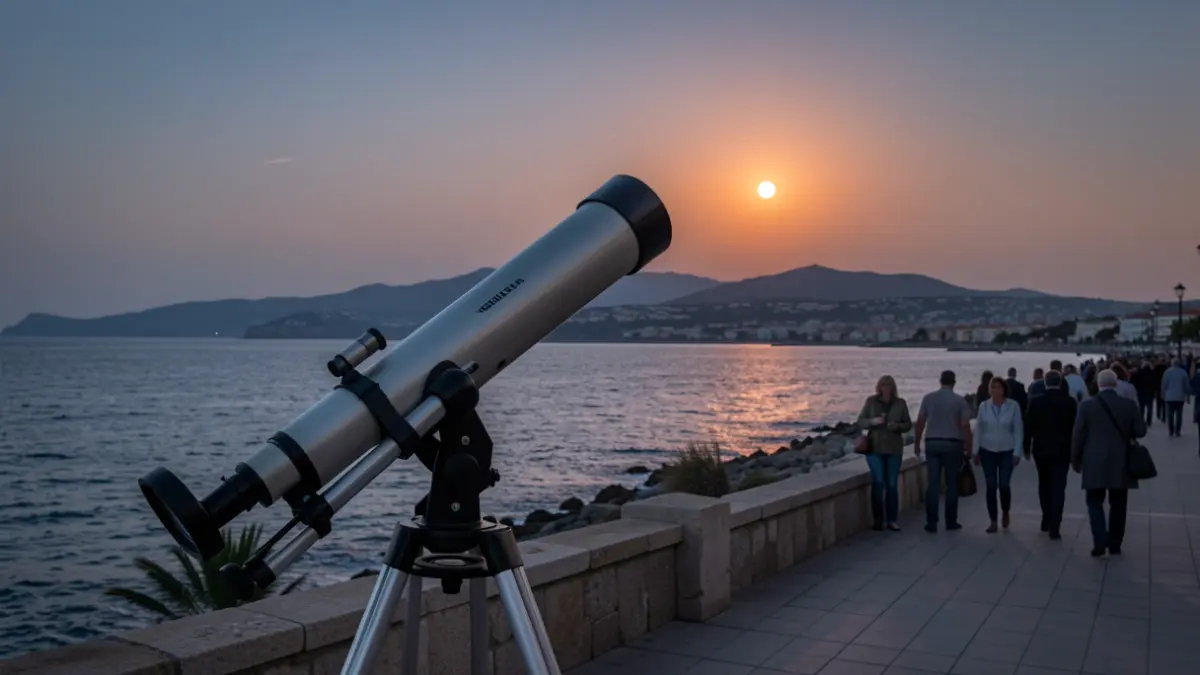 Telescopio preparado para observar el eclipse solar parcial en el Paseo Marítimo de La Santa, Lanzarote.