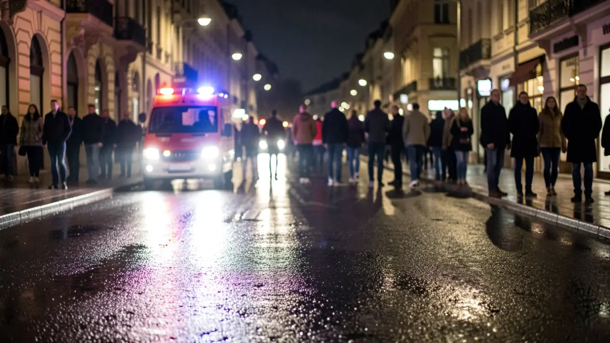 Imagen genérica de luces de emergencia reflejándose en asfalto mojado por la noche.