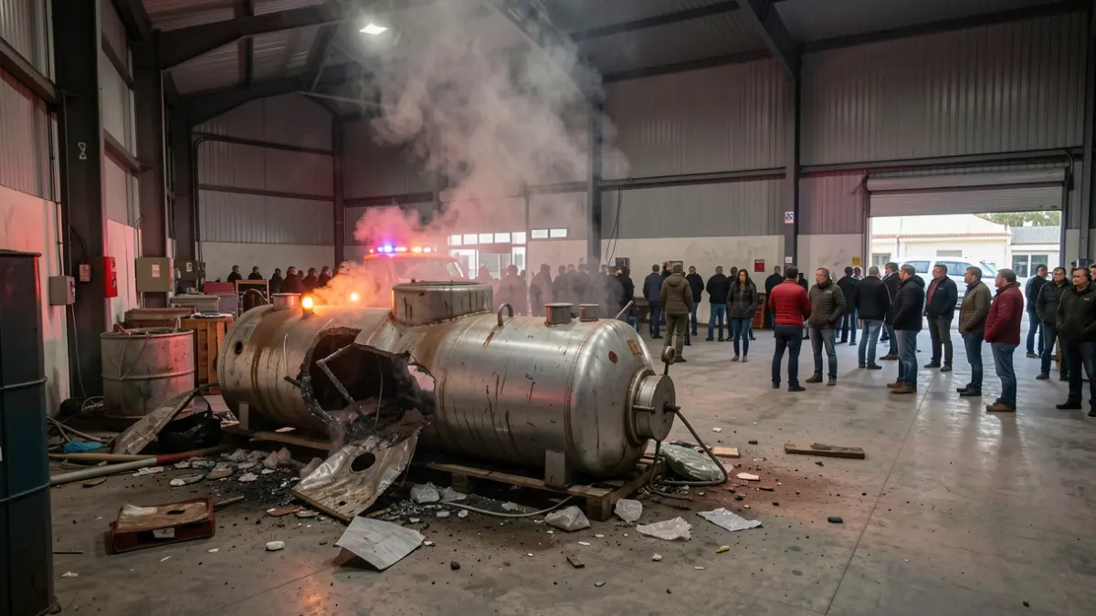 Imagen de la nave industrial de Telde tras la explosión, con el tanque dañado y escombros.
