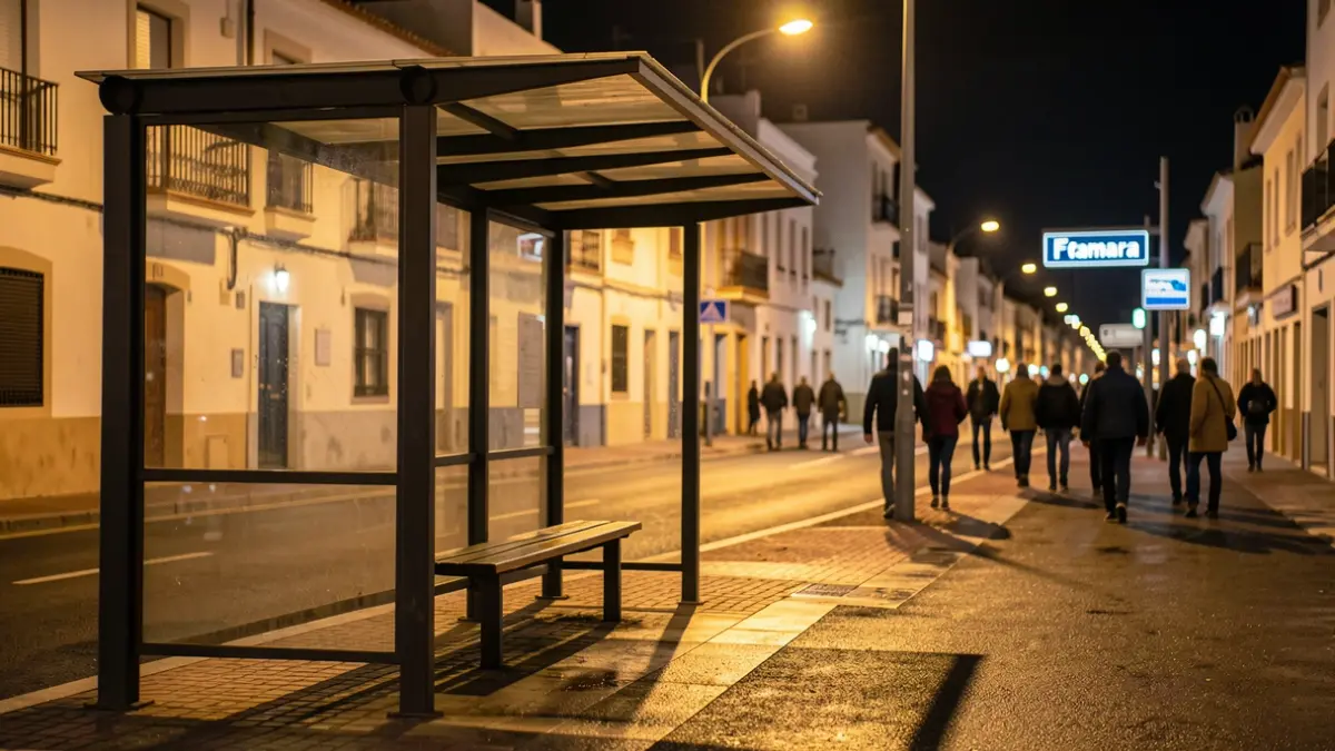 Parada de guaguas vacía por la noche en La Caleta de Famara, Lanzarote, con farolas cálidas y un cartel indicando el nombre del lugar.