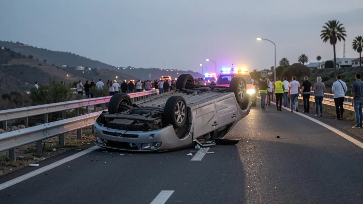 Vehículo volcado en la autovía TF-2 en Santa Cruz de Tenerife con luces de emergencia.
