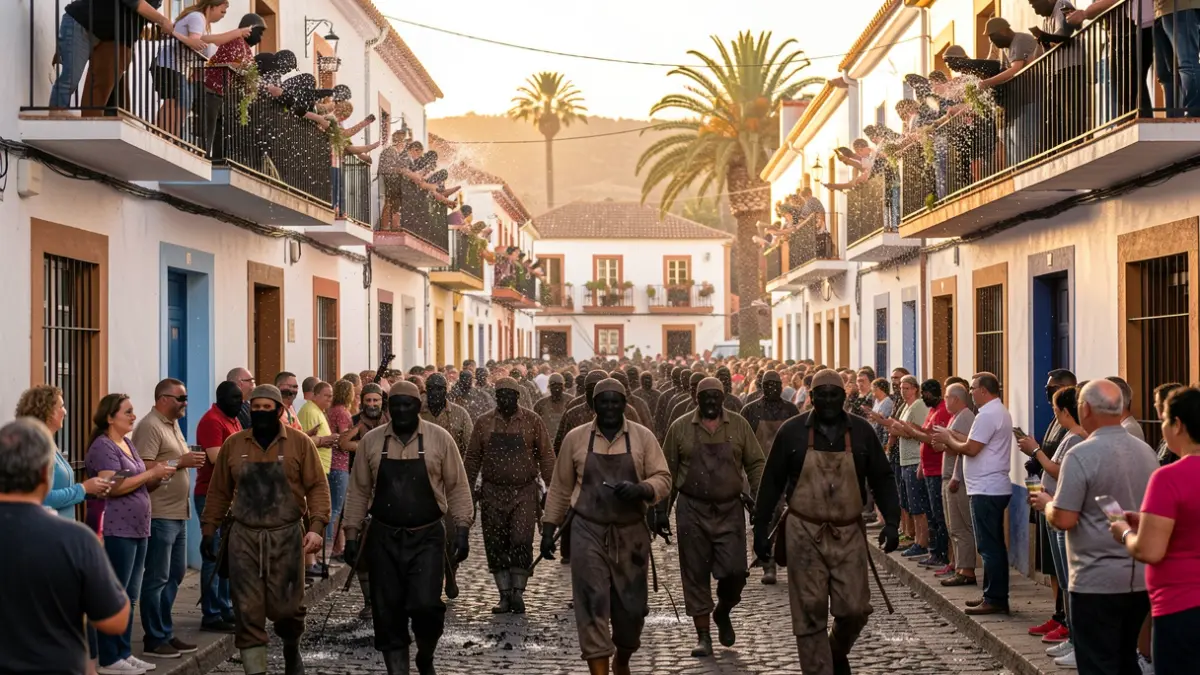 Personas vestidas de carboneros descienden por las calles de Tunte durante la Bajada del Carbonero.