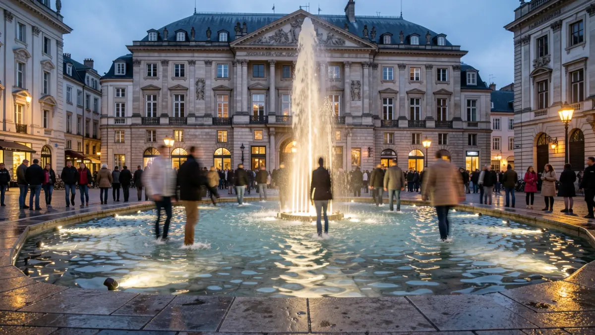 Generic image of a public fountain in an urban square at dusk with people wading in the water.