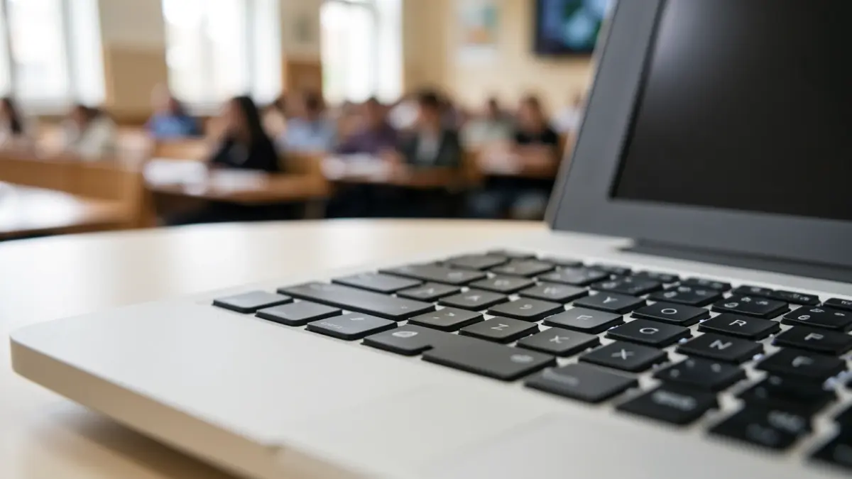 Imagen genérica de un teclado de ordenador con un aula universitaria desenfocada al fondo.
