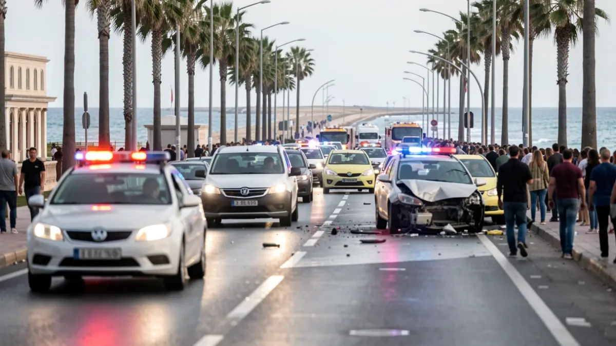 Imagen genérica de un accidente de tráfico en una avenida costera con varios vehículos implicados y luces de emergencia.