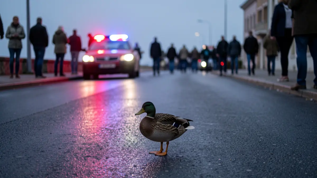 Imagen genérica de un pato en una carretera mojada con luces de emergencia borrosas.