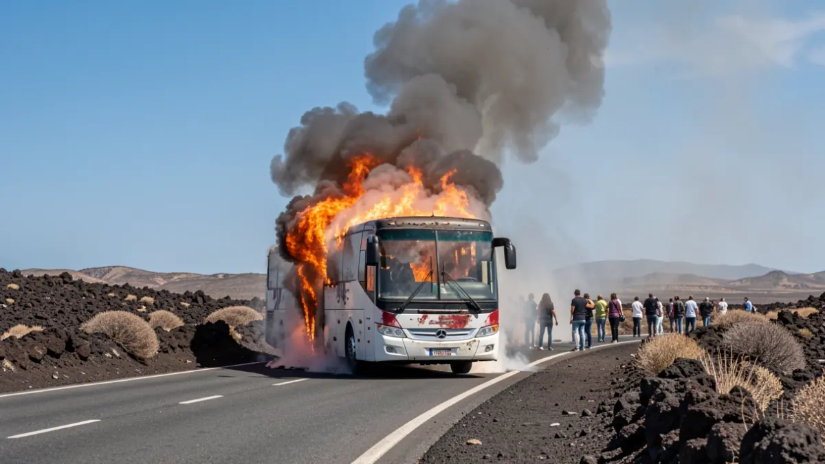 Image of a burnt-out bus on a road in Fuerteventura.