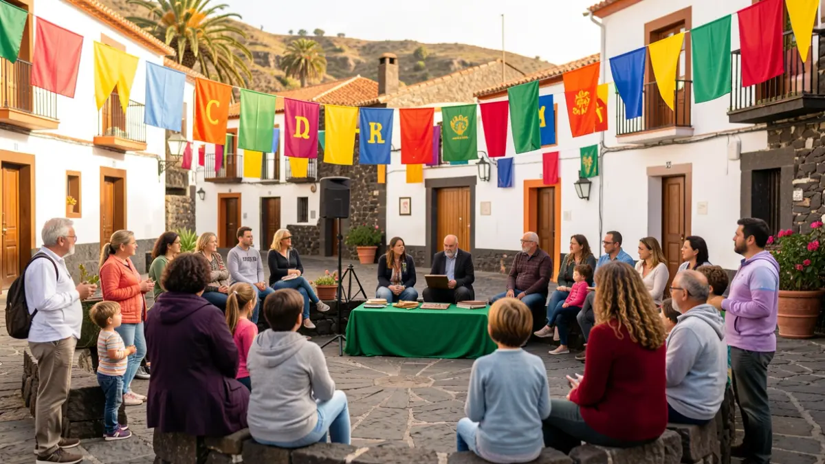 Plaza de Valle Gran Rey decorada para un festival de cuentos, con familias reunidas escuchando.