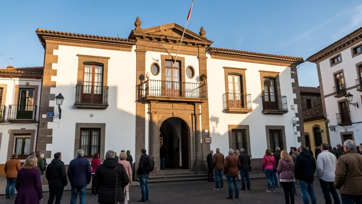 Facade of a Canarian town hall with traditional architecture under the afternoon sun.