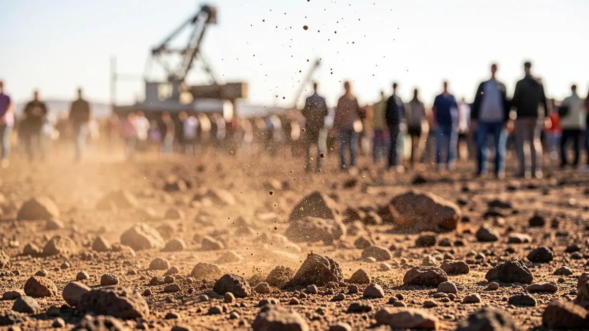 Polvo en suspensión sobre un paisaje árido con maquinaria industrial al fondo.
