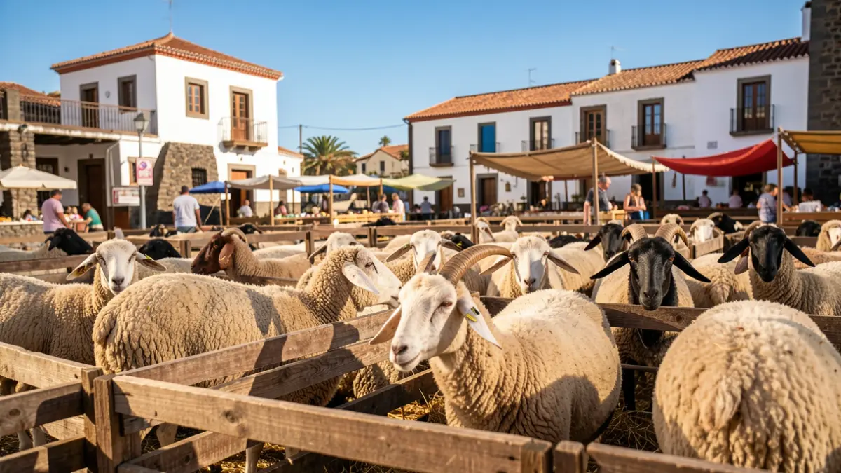 Imagen genérica de una feria de ganado tradicional en Canarias con animales y arquitectura local.