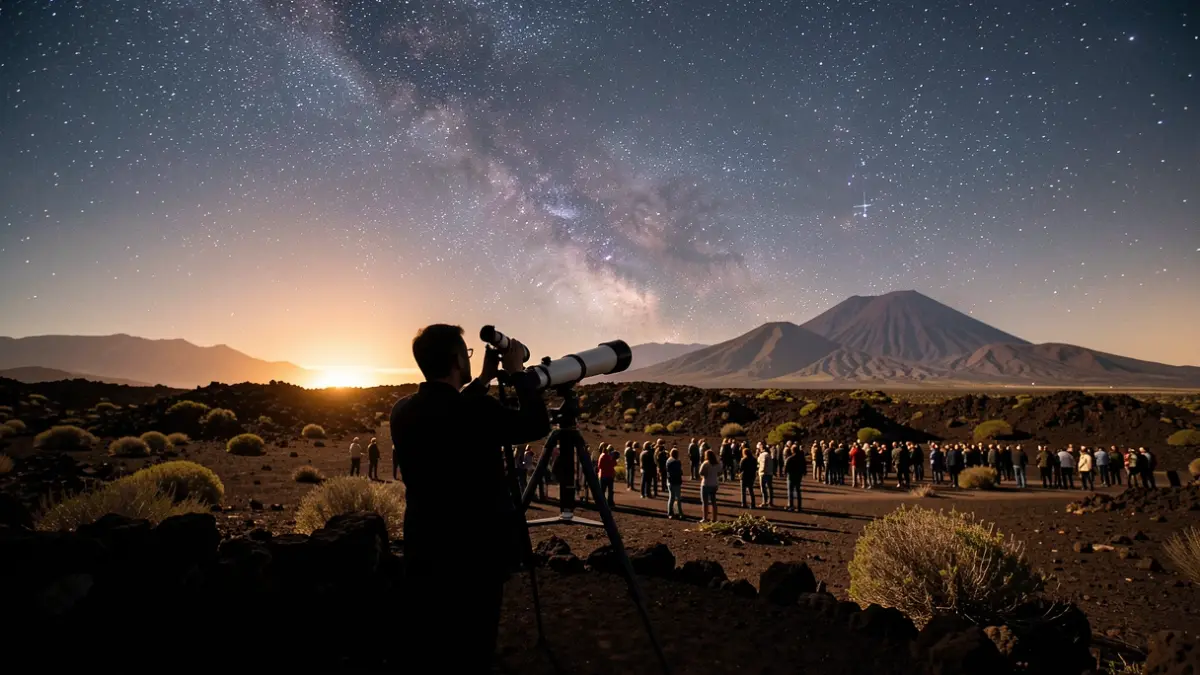 Noche estrellada sobre las cumbres de Gran Canaria con un telescopio y siluetas de personas observando el cielo.