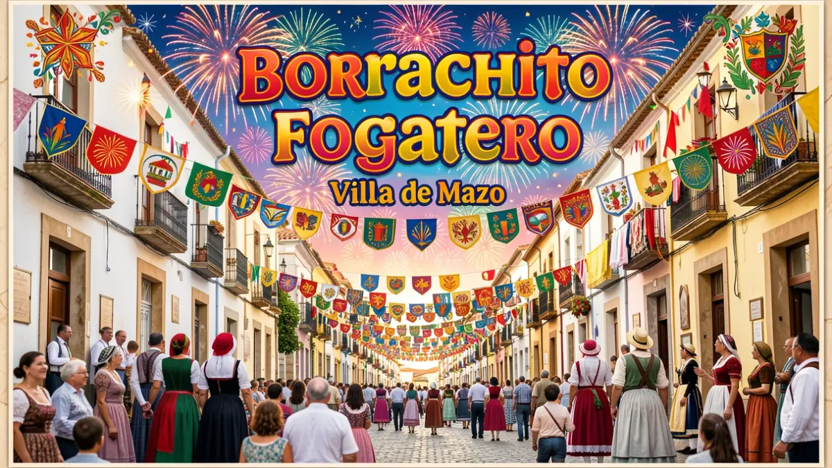 Cartell anunciador de les festes del Borrachito Fogatero a Villa de Mazo, amb elements tradicionals i focs artificials.