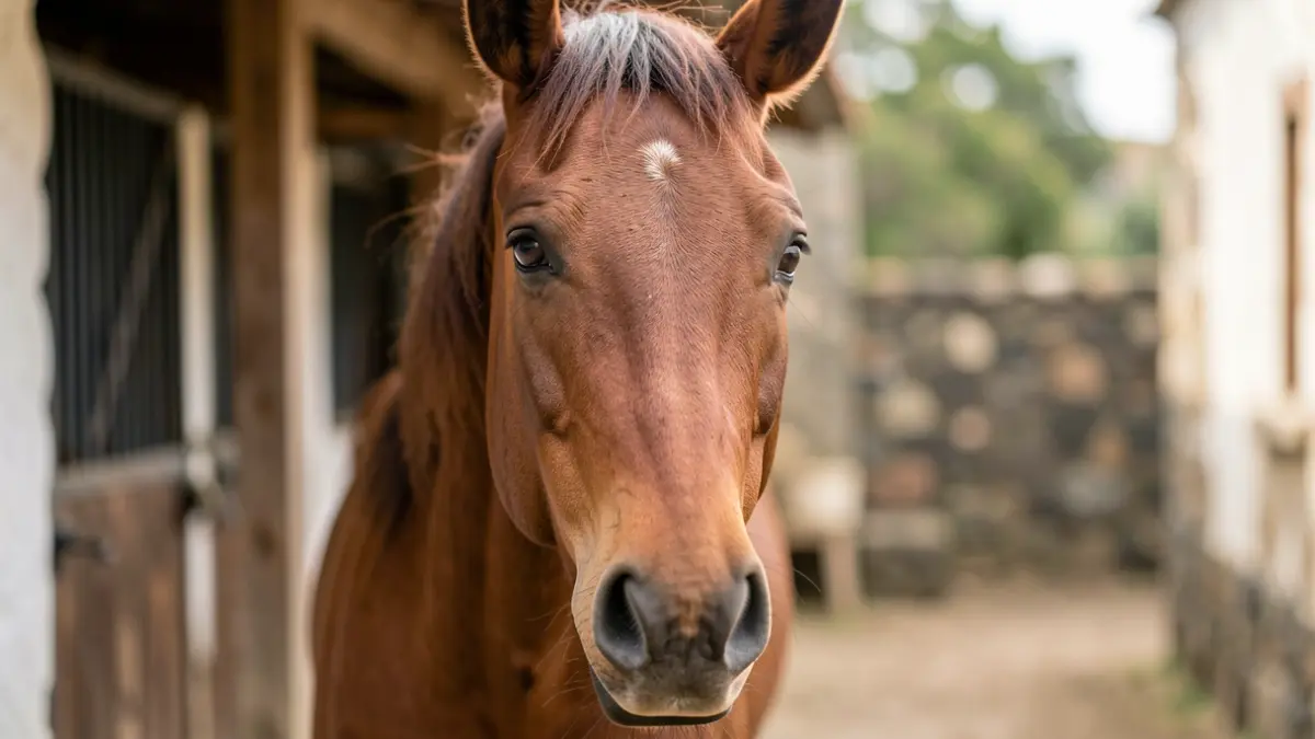 Primer plano de la cabeza de un caballo con expresión de preocupación en un establo rural de Canarias.