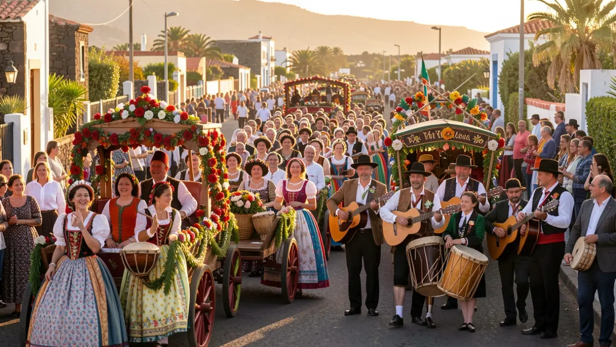 Imagen de la Romería de Los Remedios en Yaiza, Lanzarote, con carros engalanados y romeros.