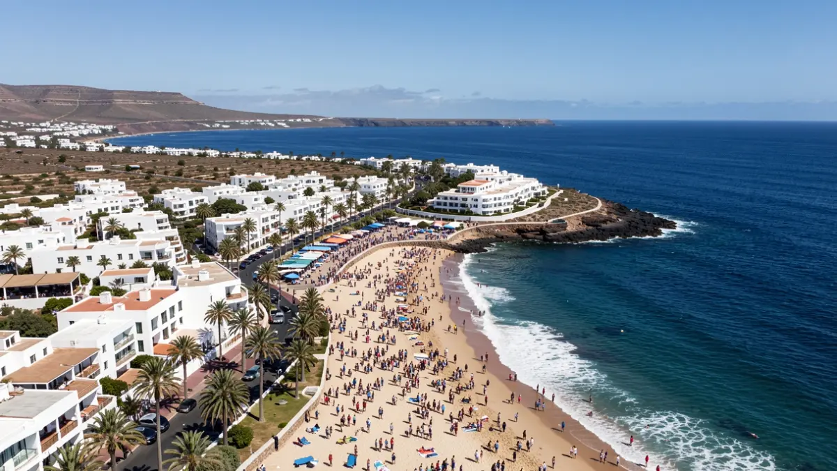 Vista aérea de la costa de Playa Blanca, Lanzarote, con edificios blancos y el océano azul.