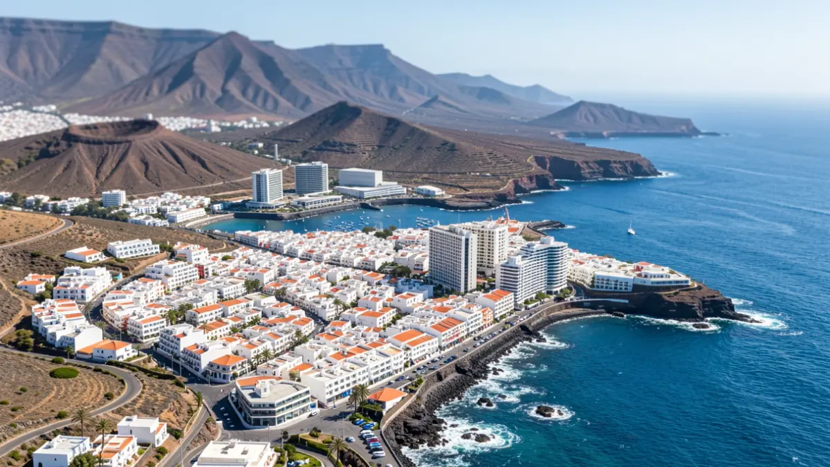 Generic aerial view of a coastal municipality in the Canary Islands with traditional architecture and volcanic landscapes.