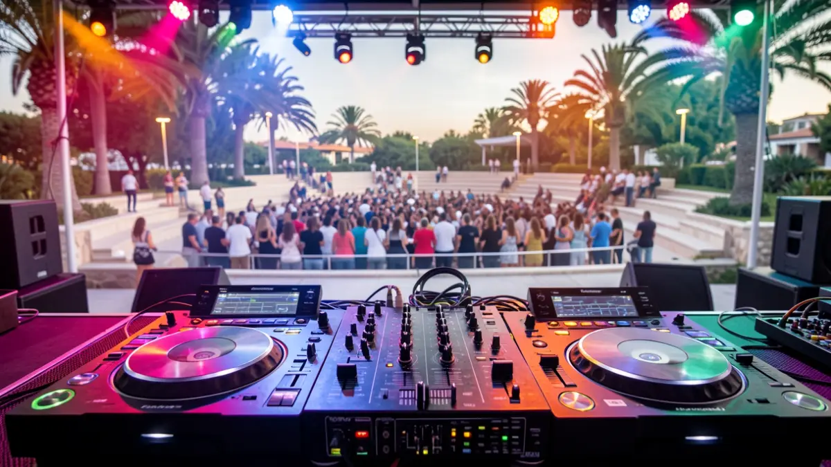 Imagen genérica de un DJ actuando en un festival con público al fondo.