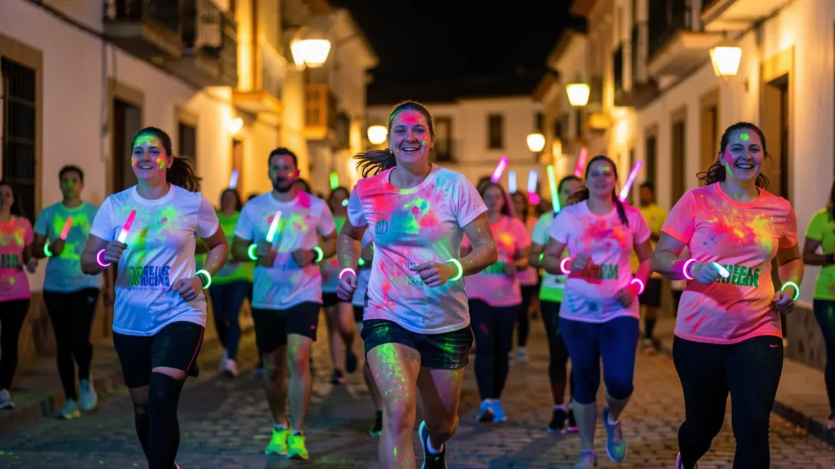 Image of the 'Flúor Moon Diabetes' charity run in El Carrizal, with runners and walkers illuminated by fluorescent and neon elements.