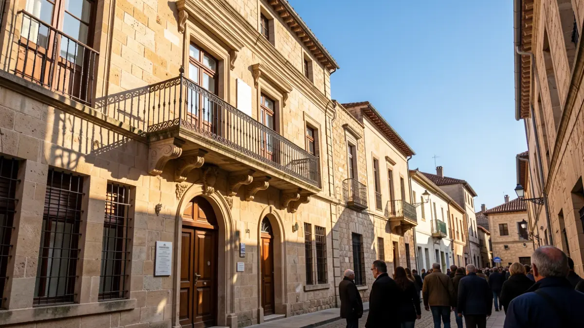Facade of a traditional stone town hall with balcony and iron railings, warm afternoon sunlight casting shadows on the sandstone walls, blue sky.