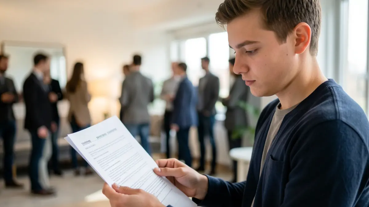 Young person reviewing a rental contract with a blurred apartment interior background.
