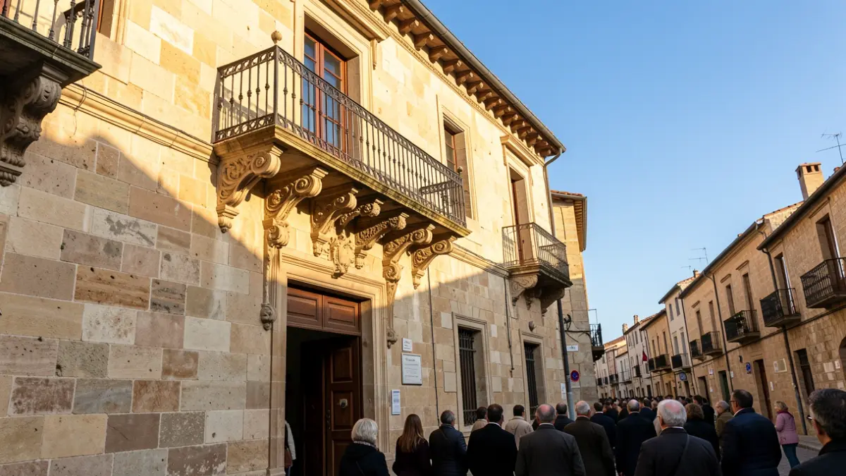 Facade of a traditional Canarias town hall with balcony and iron railings, warm afternoon sunlight casting shadows on the sandstone walls, blue sky.