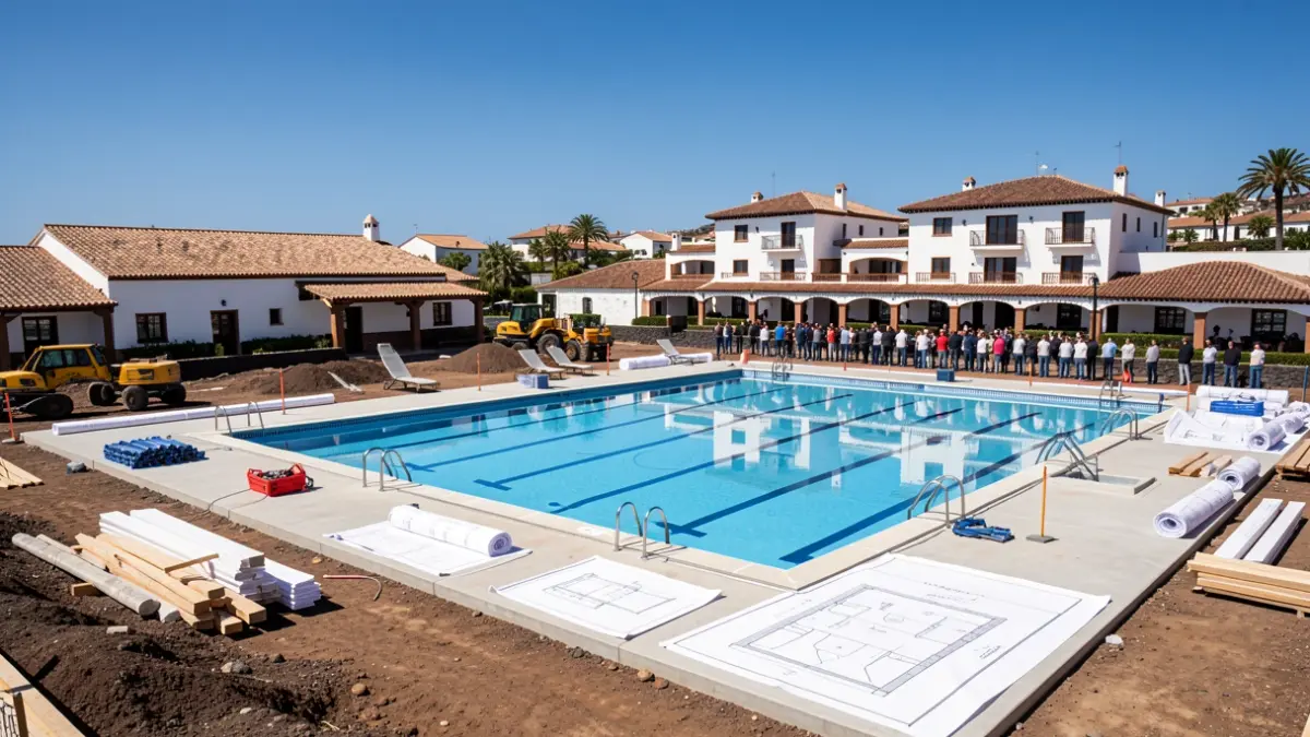 Obra de construcción de la nueva piscina municipal de Los Realejos con maquinaria y planos.