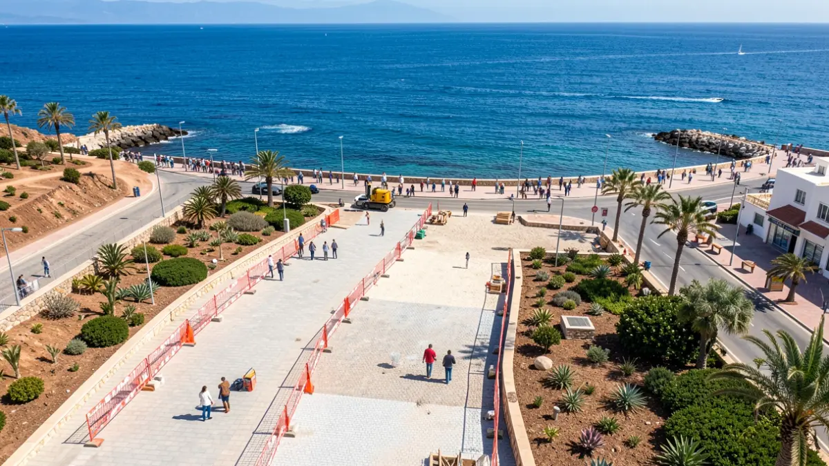 Vista aérea de la remodelación del frente de la Playa de Olegario en Candelaria, con obras de mejora y el mar de fondo.