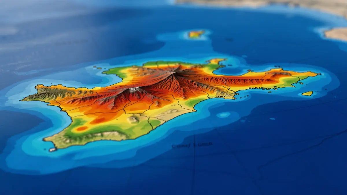 Weather map of the Canary Islands showing warm temperature zones and rainfall.
