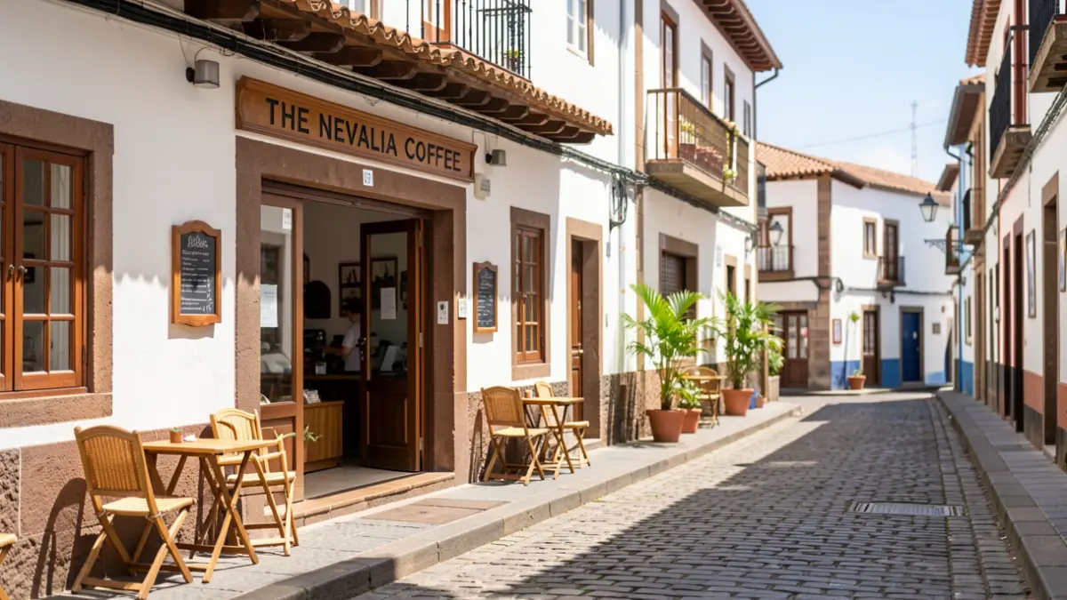 Facade of the 'The Nevalia Coffee' cafe on a historic street in Agüimes.