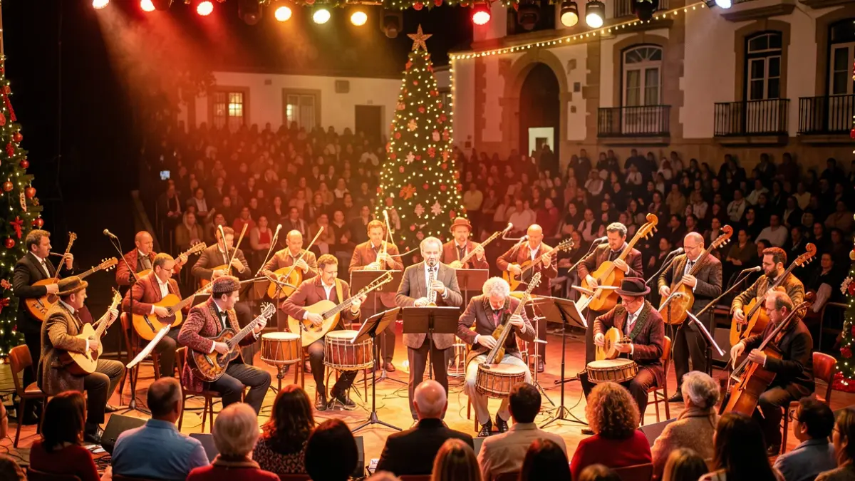 Generic image of a Canarian folk music concert with musicians and festive lights.